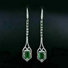 Art Deco Style Lab Created Diamond & Emerald Drop 14K White Gold Finish Earrings