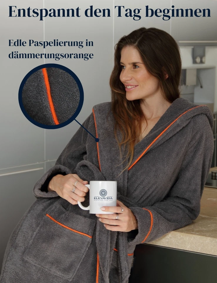 ELEVAVIDA® Damen Bademantel mit Kapuze aus Baumwolle, grau, extra weich 400 gsm - Bild 2 von 4