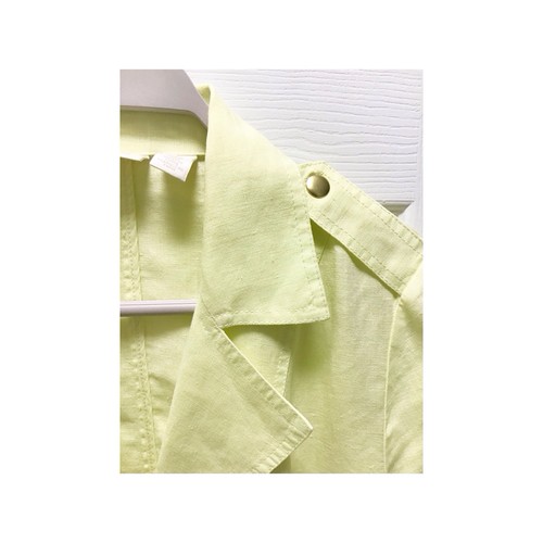 Chicos 100% Linen Yellow Jacket Size Medium / 1 Roll Tab Sleeves Open Front - Picture 2 of 9