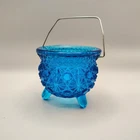 Fenton Daisy & Button Blue Handled Footed Cauldron Kettle Pot Toothpick Holder