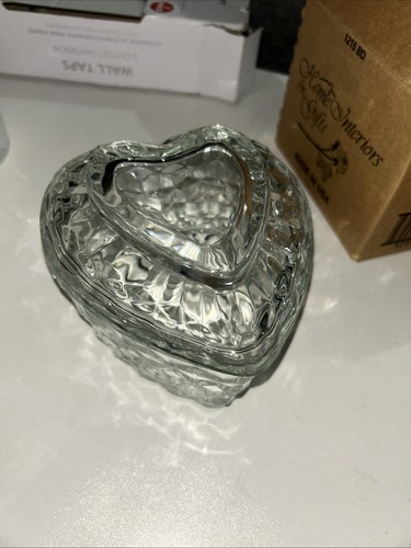 Vintage 80's Homco Clear Glass Heart Shaped Candy Trinket Jewelry Box With Lid