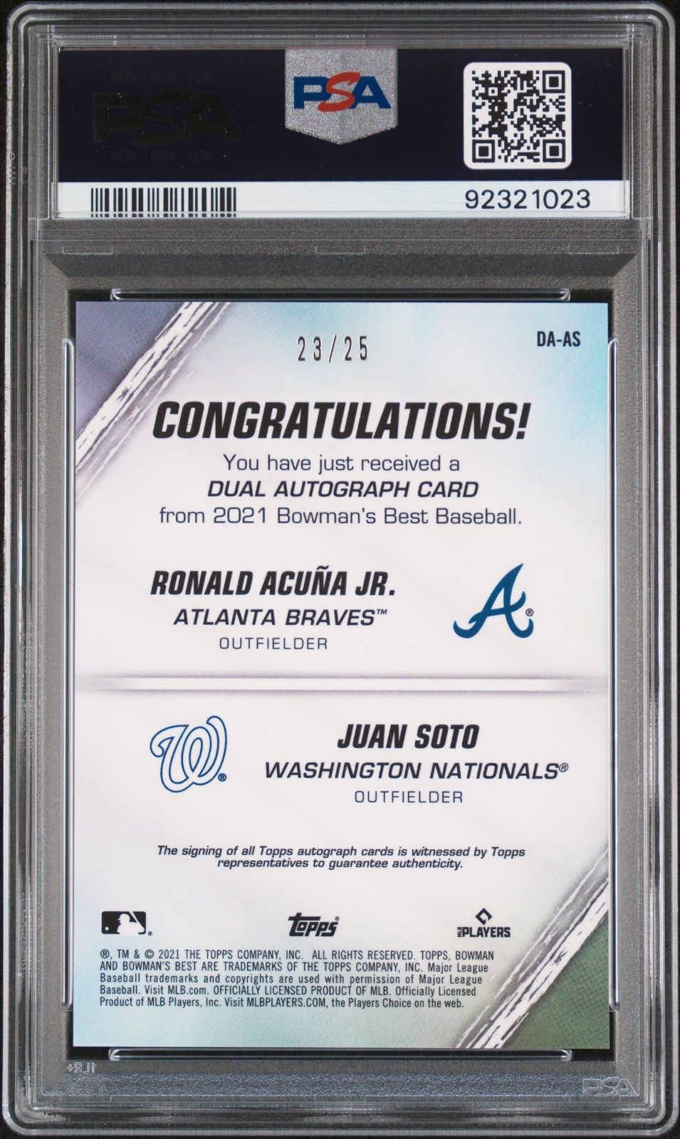2021 Bowman's Best Juan Soto/R. Acuna Jr. Dual Auto Refractor /25 PSA 10 GemMint view 2