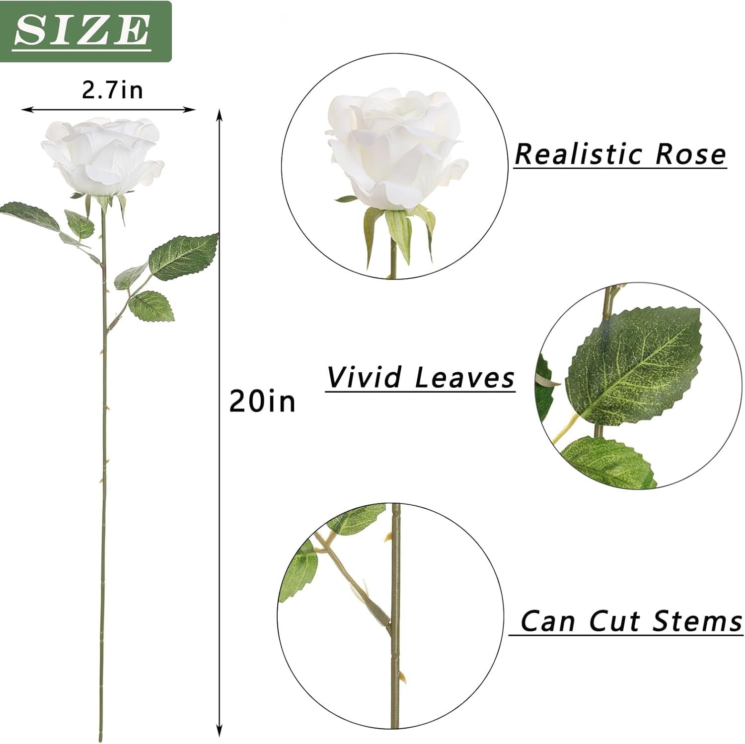 FOTEEWL 60 Pcs Artificial Rose Flower Realistic Faux Silk Roses Stem White