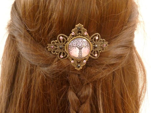 Elegant Ireland Tree Motif Hair Clip Pink Bronze Tone Metal Glass Gift - Picture 1 of 6