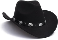 Black Cowboy Cowgirl Hat for Women Men Western Style Wide Brim Felt Fedora Pa...