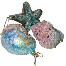 Glitter Coastal Glass Christmas Ornaments Starfish Seashells Ocean D cor Set 3