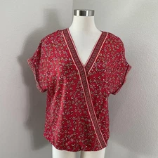 Max Studio Blouse Womens Large Floral Cap Sleeve Surplice Boho Lightweight Top