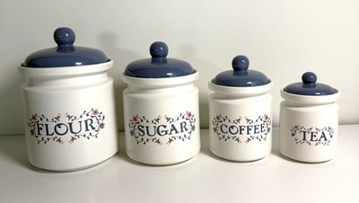 Vintage Jay Imports Corelle Prinston Kitchen Canister White Blue Floral SET 4 