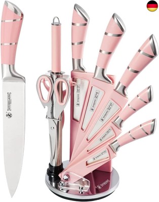 Justup 9-tlg Messerset mit Drehbare Acryl Messerblock, Rosa Sharp Antihaft