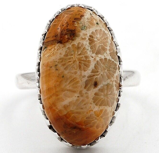 Natural Fossil Coral 925 Solid Sterling Silver Ring Jewelry Sz 7.5 @9-2