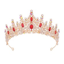 Gold Queen Crown and Princess Tiara for Women 1 Count Pack of 1 , Red ab
