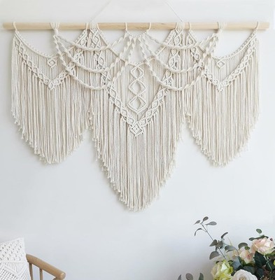 Achart Macrame Wall Hanging Large- Boho 43'' W x 32'' H, Beige-Fringe