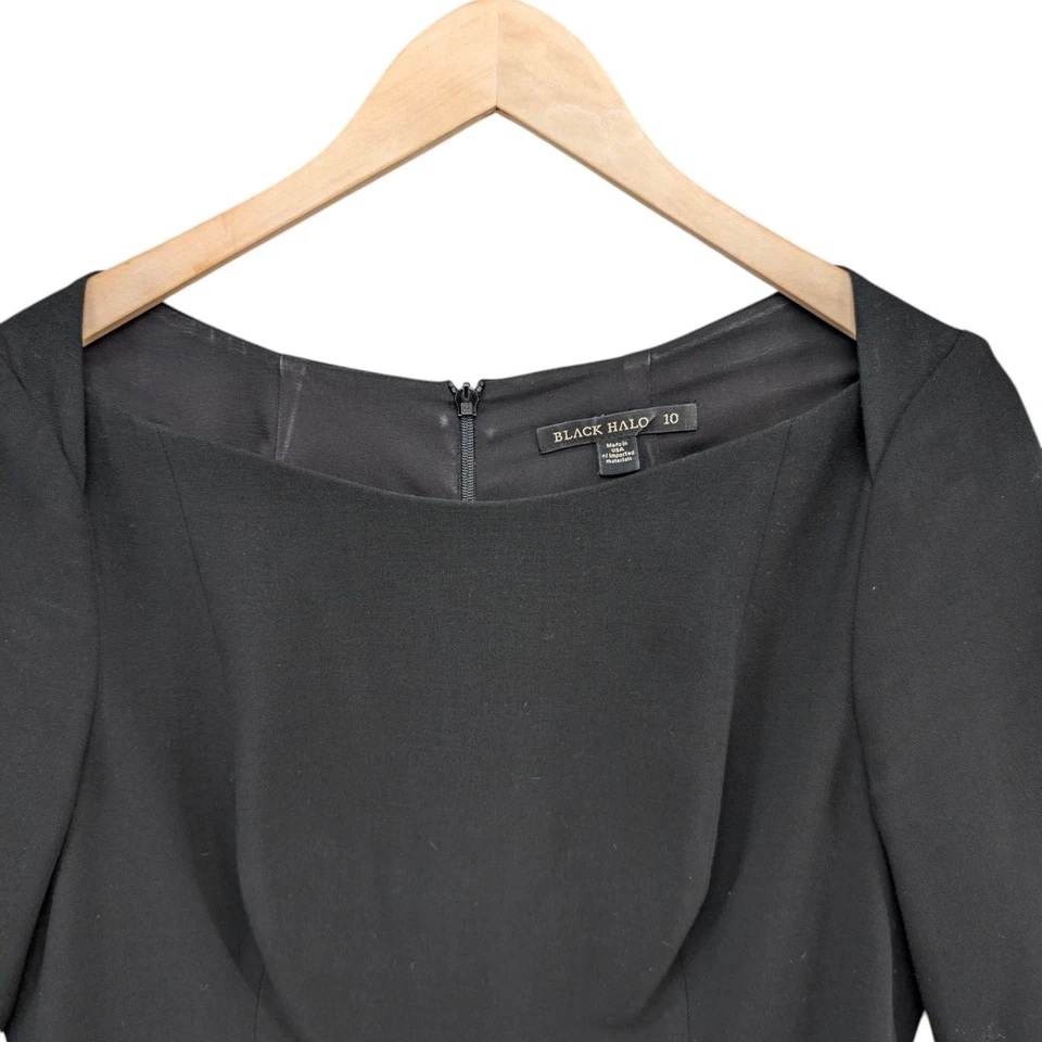 Black Halo Sheath Dress Black 3/4 Sleeve Boat Neck Lined Knee Length Size 10 - Image 3 of 4