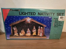 Vintage 1987 Flambro 10 Piece Bisque Manger Nativity Set In Box 