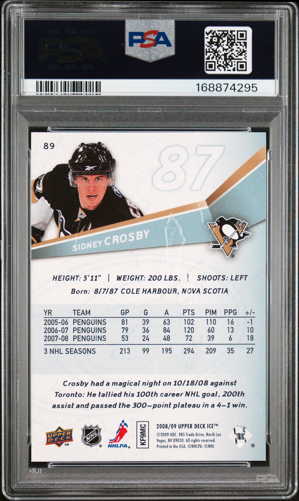 2008 Upper Deck Ice #89 Sidney Crosby PSA 10 view 2