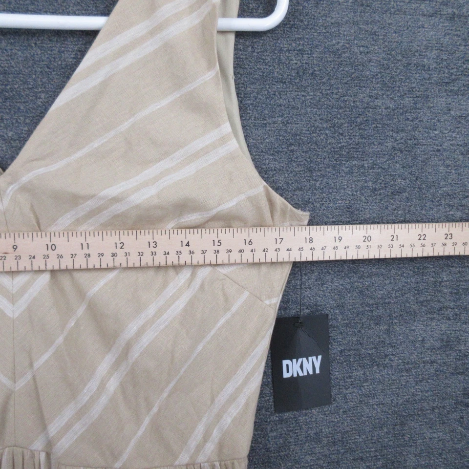 DKNY Dress Womens 6 Linen Blend Striped Layered Maxi Dress Tan Belted Sleeveless - Image 4 of 4