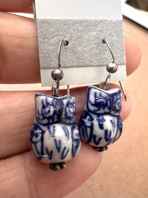 Owl Earrings Pierced Handmade Ceramic Blue And White