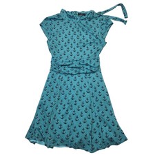 eShakti Anchor Print Dress Tie Neck Sleeveless Casual Blue Dress XS