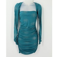 Lucy in the Sky Teal Glitter Ruched Bodycon Mini Dress Long Sleeve sz M clubwear