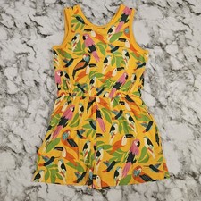 Tea Collection Girls Yellow Tropical Bird Print Romper Size 12 Pockets EUC