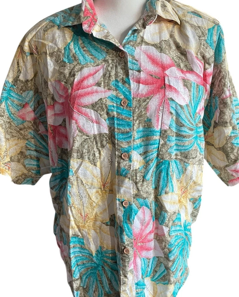 Blusa De Colección Años 80 Rosa Azul Hawaiana Abotonada Manga Corta Mujer M Miami Vice Foto 2 de 4