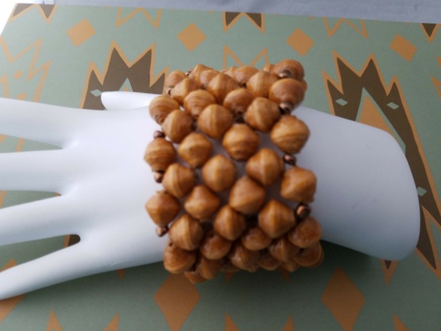 Brown Beaded Stretch Bracelet 2 Inches Wide Paper Mache Tribal Handmade Vintage Brown Beaded Stretch Bracelet 2 Inches Wide Paper Mache Tribal Handmade Vintage