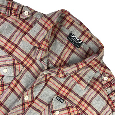 Zoo York Men s Flannel Button Work Shirt Gray Red Brown Plaid   XL