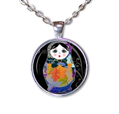 Matryoshka Nesting Doll Russian Style Handmade ROUND Glass Pendant  Necklace