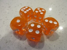 Game Dice Set of 5 loose ORANGE 16mm Gaming Dice + FREE Las Vegas Poker Chip