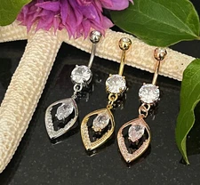 1pc Hollow CZ Gem Paved Leaf Belly Button Ring Pierced Navel Gold Plated Naval
