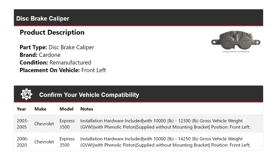 Pinza de freno de disco delantera izquierda Cardone 2004 para Chevrolet Express 3500 2003-2020 Foto 2 de 4
