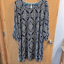 DD Boutique Blue Scroll Patterned Dress w/ Long Ruffle Sleeves