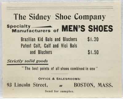 1876 Sidney Shoe Co Brazilian Kid Bals Bluchers Original Print Ad Art Boston Ma