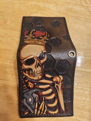 Custom Leather Tooled Skull Crown And Sword Wallet