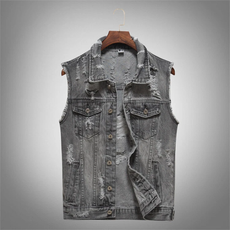 Ripped Denim Vest Gray Distressed Frayed Waistcoat Jacket Motorcycle Vests Men s