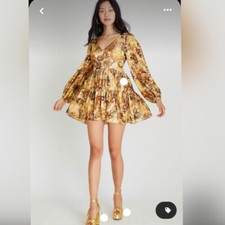 LoveShackFancy Womens Willis Floral Dress Size 4 Metallic Boho Balloon Sleeve 