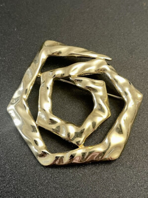 Abstract Signed Torino Vintage Hammered Golden Large Brooch