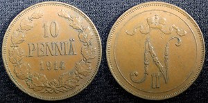Finland Nicholas II Copper 1914 10 Penniä Mintage-605,000 XF KM# 14 (23 035)