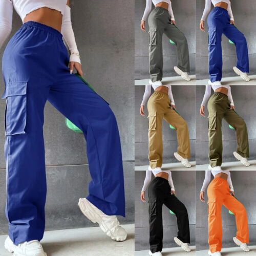 Womens Casual Fitness Cargo Pants Ladies Pockets Solid Sporty Trousers Bottoms