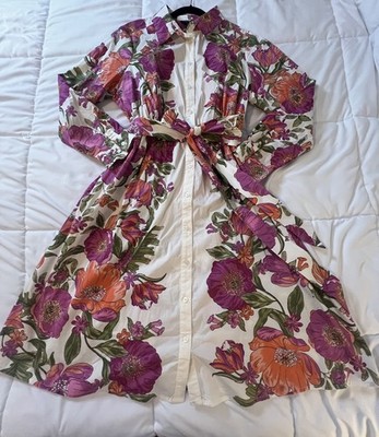 Bold Floral Midi Shirt Dress Womens 16 Belted Cottagecore Garden party (171)