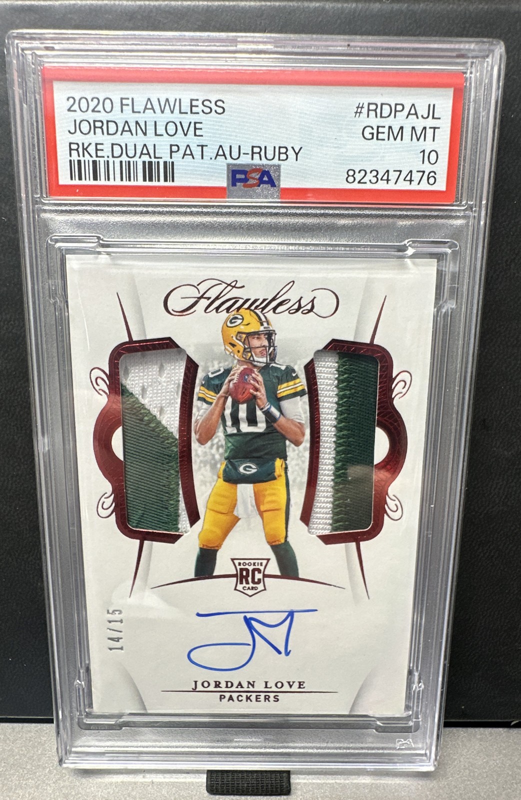 2020 Panini Flawless - Rookie Dual Patch Autograph Jordan Love /15 Ruby PSA 10