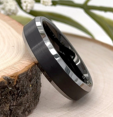 Elegant Christmas Gift Ring 6mm Black and Silver Tungsten Band with Beveled Edge