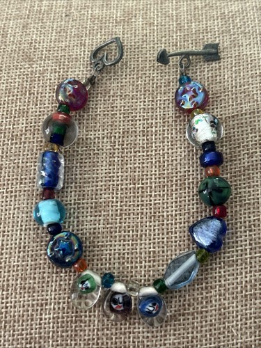Vintage Murano Glass Bead Bracelet Multicolor Unique VTG 7.25” Handmade