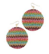 Raffia Disk Earrings Multi Color Goldtone