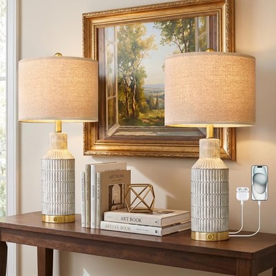 Usumkky 25 Modern 3-Way Dimmable Touch Control Usb Ac Ceramic Lamps Set Of 2