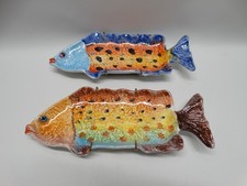 2 Multicolor Fish Shaped Clay Wall Hangings / Cigar & Cigarette Ashtrays Italy