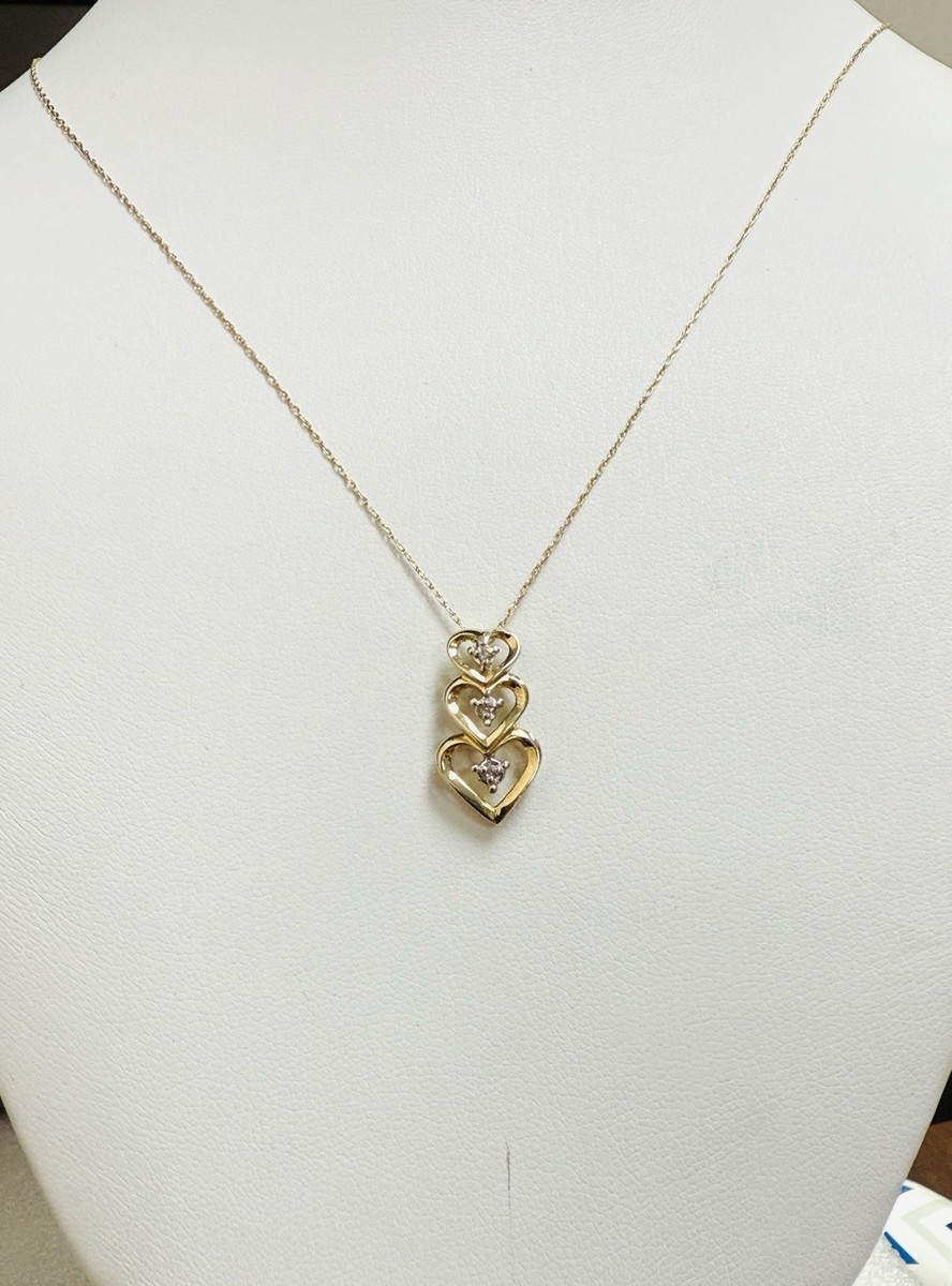 10k Solid Yellow Gold Three Heart .03 Tcw. Diamond Pendant & 10K Gold 20” Chain View 2