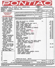 1973 Pontiac Grand Ville Dealer Inv Window Page 65 Lb Paper Heavy Stock Copy