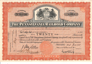 #A1203 Lillian Sippach 1937 Pennsylvania Railroad Co Stock Certificate 20 shares