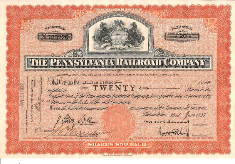 #A1203 Lillian Sippach 1937 Pennsylvania Railroad Co Stock Certificate 20 shares